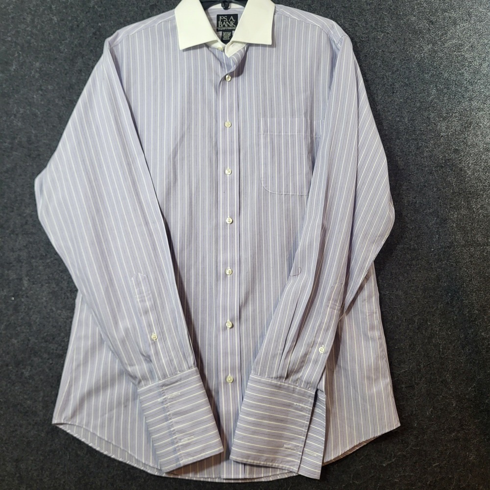 Jos A Bank Travelers Coll Shirt Mens 15.5 35 Tailored Purple Stripe French Cuff